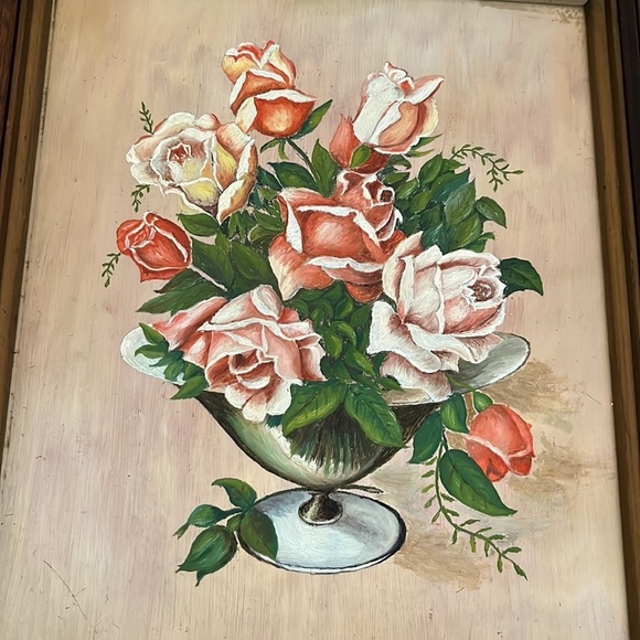 Vintage Oil Painting c1947 Bouquet of Roses in Wooden Frame Signed - Picture 3 of 14